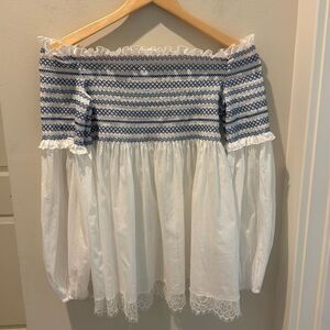 Bluemarine Offshoulder Smocked Broidered Blouse white and Blue size 8
